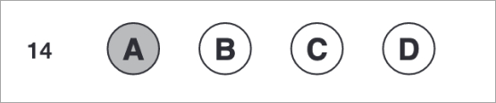 Example of the answer selection options. A question number followed by 4 circles labeled A,B,C & D. Option A is shaded.