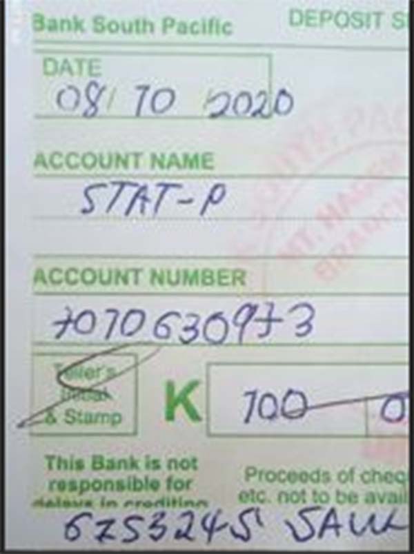 Bank payment receipt showing payment to the STAT P account